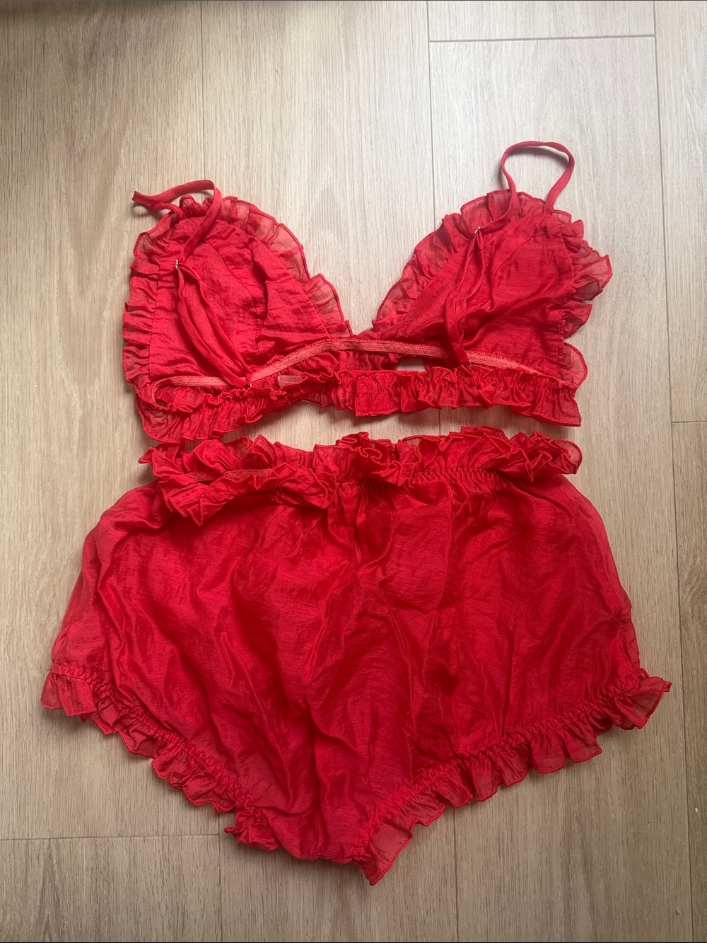 Red Ruffle Bralette & Short Sheer Sleep Set - Picture 2 of 4